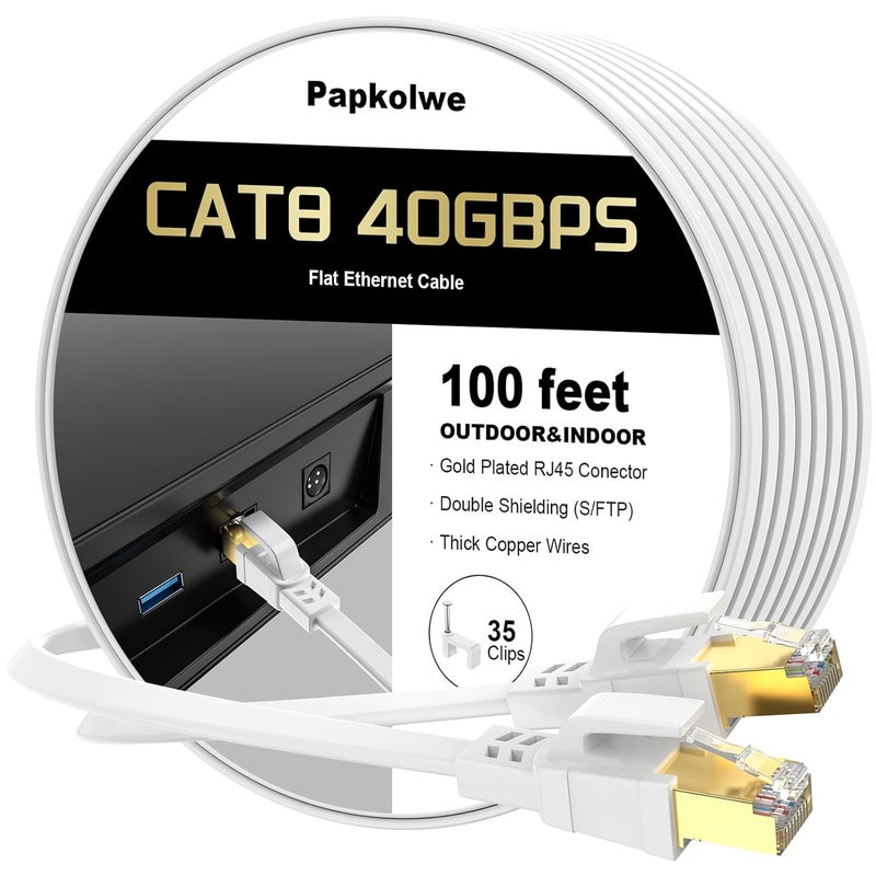 Papkolwe Cat 8 Ethernet Cable 100 ft, Heavy Duty High Speed Cat8 LAN Network Cable, 40Gbps 2000MHz RJ45 Flat Internet Computer Patch Cord, Weatherproof S/FTP UV Resistant for Gaming/Router/Modem,Outdoor&Indoor - Image 1